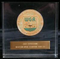 Western Golf Association Championship, commemorative metal coin with etched plaque for Jock Hutchinson, the 1920 and 1923 winner