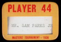 Official 1938 Master's Tournament contestant badge of golf pro Sam Parks, Jr.