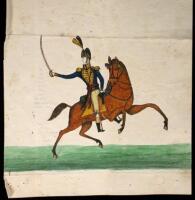 Ink and watercolor drawing of a soldier on horseback, brandishing a sword