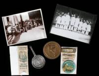 Collection of Panama-Pacific International Exposition items, including photographs, metal and coin items, pins, and a fan