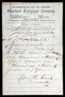 Telegraph message form from the Placerville and St. Joseph Overland Telegraph Company, filled out