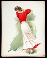 Collection of 16 chromolithographs of women, including one golfing