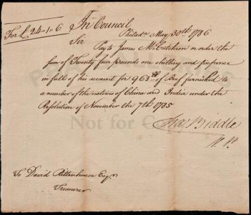 Manuscript Document Signed by Charles Biddle as Vice President of the Supreme Executive Council of Pennsylvania, presided over by Benjamin Franklin, offering aid to Chinese sailors in U.S.