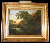 Original oil painting of a pastoral scene, framed