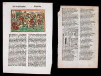Lot of three leaves, one with a hand-colored woodcut, and one an incunable
