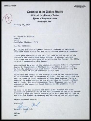 Typed letter signed by Gerarld R. Ford as a U.S. Congressman