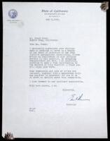 Typed letter signed by Earl Warren as Governor of California, plus two other related letters
