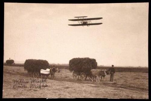 Photograph of a Wright airplane in the air over France, signed by Orville and Wilbur Wright