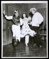 Two vintage photographs of a costume party taken at San Simeon, showing actress Sonja Henie and others