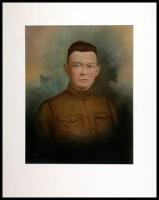 Hand-colored silver-print portrait of a young WWI U.S. soldier in uniform