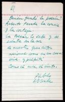 Autograph poetic note, signed by Pablo Neruda, regarding the great Chilean actor, Roberto Parada