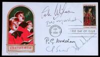 First Day Issue 1968 Christmas postal envelope, signed by five authors, including P.G. Wodehouse, Daphne Du Maurier, Colin Wilson (twice), Iris Murdoch, and C.P. Snow