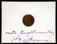 1909 Lincoln penny, set in mount which is signed and inscribed by Brenner