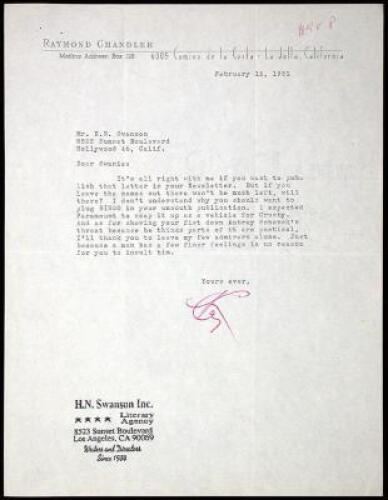 Typed Letter, signed by Raymond Chandler to literary agent H. N. Swanson