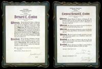 Lot of 3 documents (2 are in Art Nouveau frames) for the deaths of First Assistant Fire Chief John Joseph Conlon (1919) and Corporal Bernard L. Conlon of Company J, 363d Regiment with the 91st Division in World War I (1921)