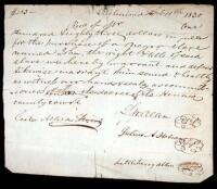 Manuscript receipt and warranty for the purchase of a slave named John