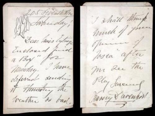 Autograph Letter, signed by actress Fanny Davenport to fellow actress Rose Eytinge