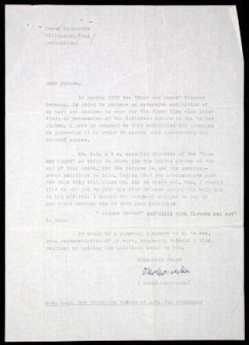 Typed Letter, signed by Oskar Kokoschka to a Mrs. Mack of the San Francisco Museum of Art
