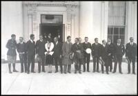 Silver print group photograph of Charles A. Lindbergh and others (including Ann Morrow Lindbergh and Thomas Dewey, etc.), framed