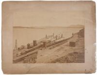 Mammoth plate photograph of the Ferry "Solano" being unloaded, with Watkins' photography wagon visible