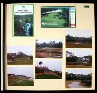 Large golf scrapbook containing over 320 paper items, including: leaflets, programs, score cards, course maps, booklets, and original color photographs taken from various golf courses, links, and clubs from around the world