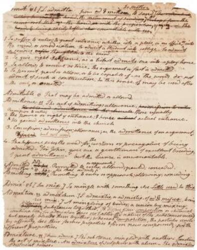 Autograph manuscript fragment, single leaf written in ink on both sides, with definitions of about ten words, from Webster's American Dictionary, Admit to Admonish
