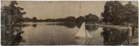Panoramic photograph of model boats on Spreckels Lake in San Francisco's Golden Gate Park