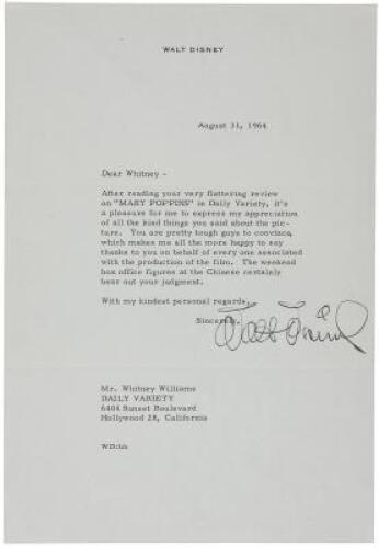 WITHDRAWN Typed Letter, signed, from Walt Disney, mentioning the "Mary Poppins"