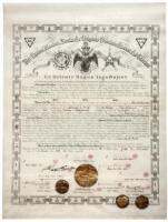 Engraved Masonic membership certificate, filled out in ink and signed by Albert Pike as Sovereign Grand Commander