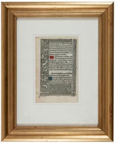 Five framed leaves from early manuscript and printed books