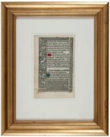 Five framed leaves from early manuscript and printed books