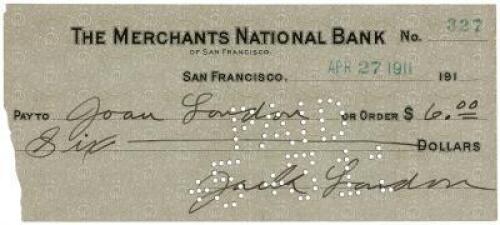 Signed check for $6 payable to his 10-year-old daughter Joan, endorsed by his daughter and his ex-wife