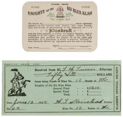 9 leaves of minutes from Ku Klux Klan meetings, plus a check for payment of $50 and a membership card