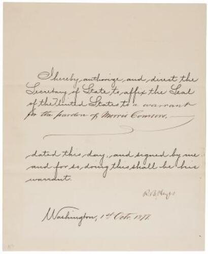 Presidential pardon warrant, signed by Rutherford B. Hayes