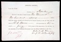 Partially printed receipt, filled out in ink, for money paid to R.A. Herron as compensation for his slave being impressed by the Confederate Government