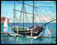 Original watercolor of a sailboat in harbor