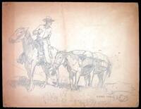 Cowboy on Horseback, with two Pack Horses