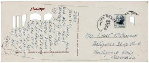 Autograph Note, signed on a postcard from Mamie Eisenhower, about a trip taken to California with President Eisenhower