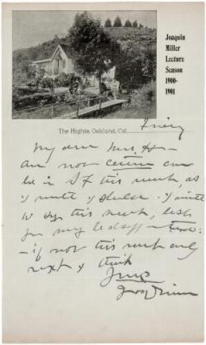 Autograph Letter, signed from Joaquin Miller on personal lettersheet