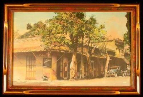 Hand-colored photograph of a street scene in Gold Country