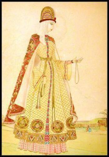 An original watercolor of a Russian-dressed women at Fort Ross, California