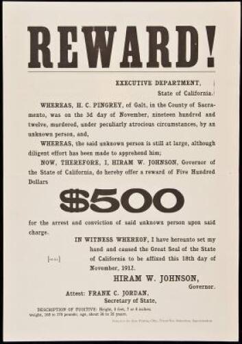 Reward Poster offering $500 for the arrest and conviction of an unknown murderer