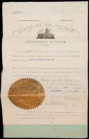 Articles of Incorporation for the Lane & Connelly Cigar Co. of San Francisco, California, with signed verification of the Secretary of State