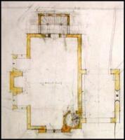 Seven pencil and color pencil drawings of floor plans for "Bridge Tower"