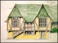 Color chalk and pencil drawing on tracing paper of the facade of the kitchen and pantry of "The Gables" at Wyntoon, captioned in pencil