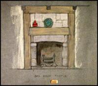 Four pencil and color drawings of hearths and mantelpieces