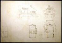 Pencil drawing with side and rear elevations and two floor plans of a guesthouse