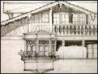 Two pencil drawings of the chalet for women employees, one with autograph notes by William Randolph Hearst