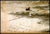 Original pen-and-ink and watercolor drawing of the Schooner United States stuck in the ice of Greenland