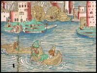 Hand-colored double-page city view from the Peregrinationes in terram sanctam